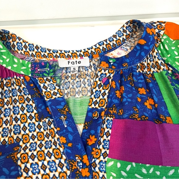 Fate Womens All In Good Time Green Patchwork Mini Dress Sz Small Floral Popover - Picture 5 of 14